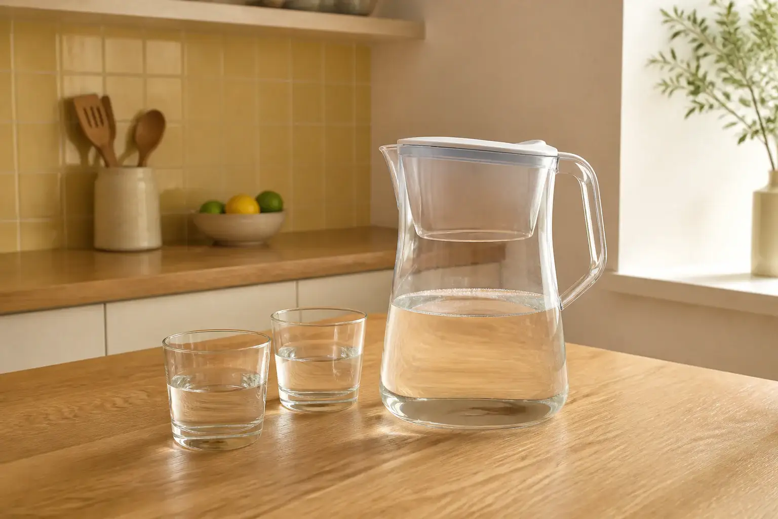 Jarra de agua genérica con vasos sencillos sobre una mesa cálida