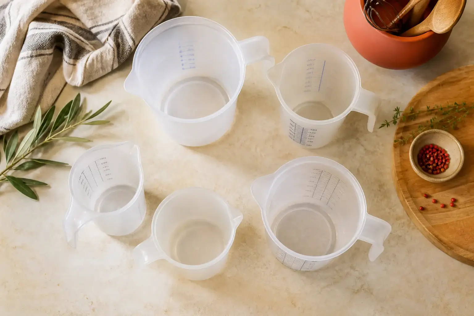Qué jarra medidora de plástico comprar representada con utensilios genéricos en una cocina doméstica