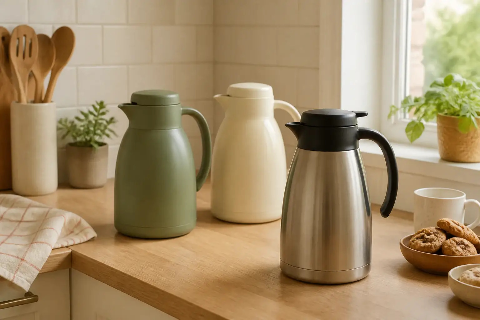 Qué jarra térmica comprar representada con utensilios genéricos en una cocina doméstica