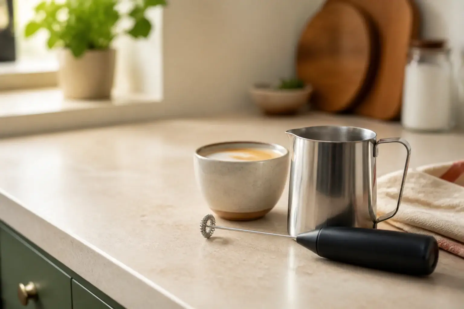 Jarra y espumador genéricos junto a una taza de café con leche