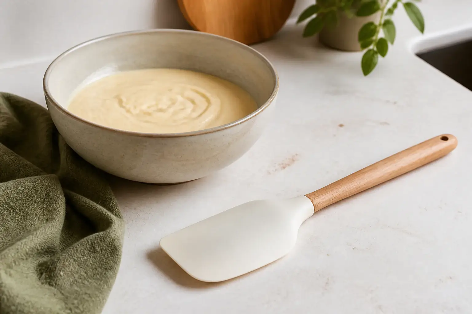 Espátula de cocina genérica junto a un bol con una mezcla suave