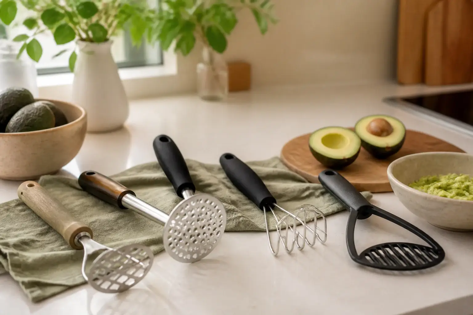 Qué machacador de aguacate comprar representada con utensilios genéricos en una cocina doméstica