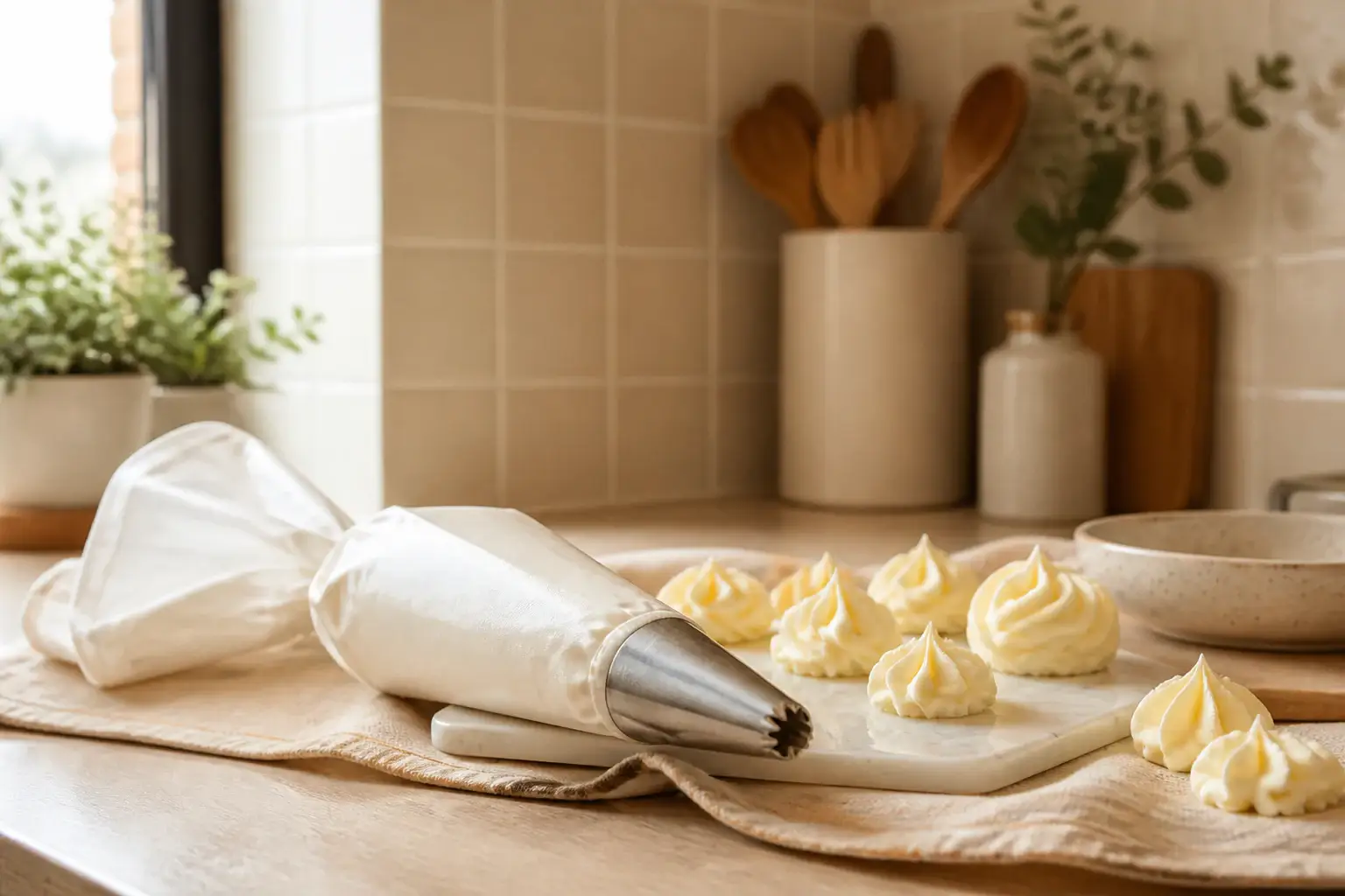 Manga pastelera genérica con boquilla junto a pequeñas decoraciones de crema