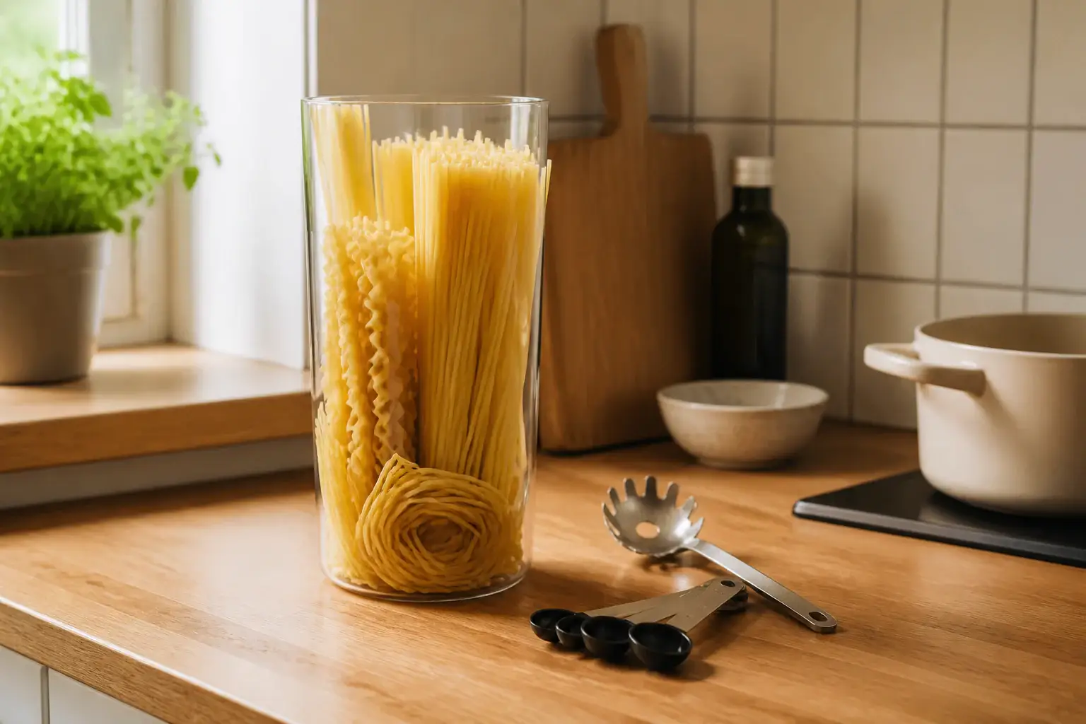 Qué medidor de pasta comprar representada con utensilios genéricos en una cocina doméstica