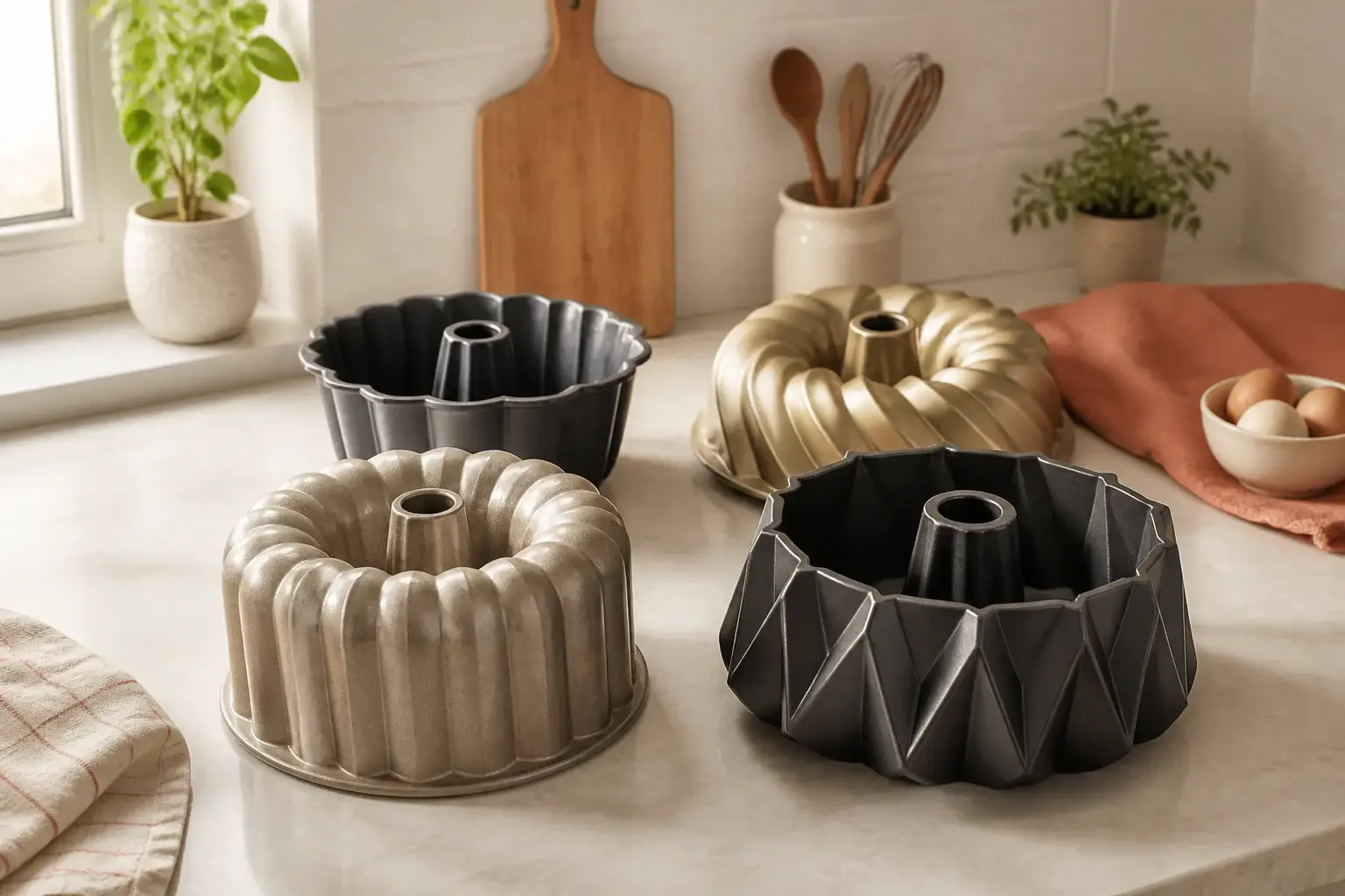 Qué molde bundt comprar representada con utensilios genéricos en una cocina doméstica