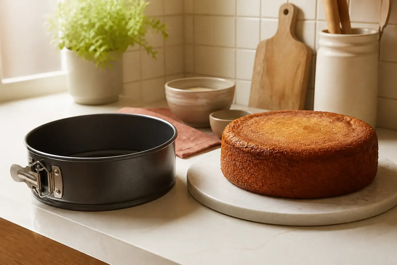 Molde de repostería genérico junto a un bizcocho casero recién desmoldado
