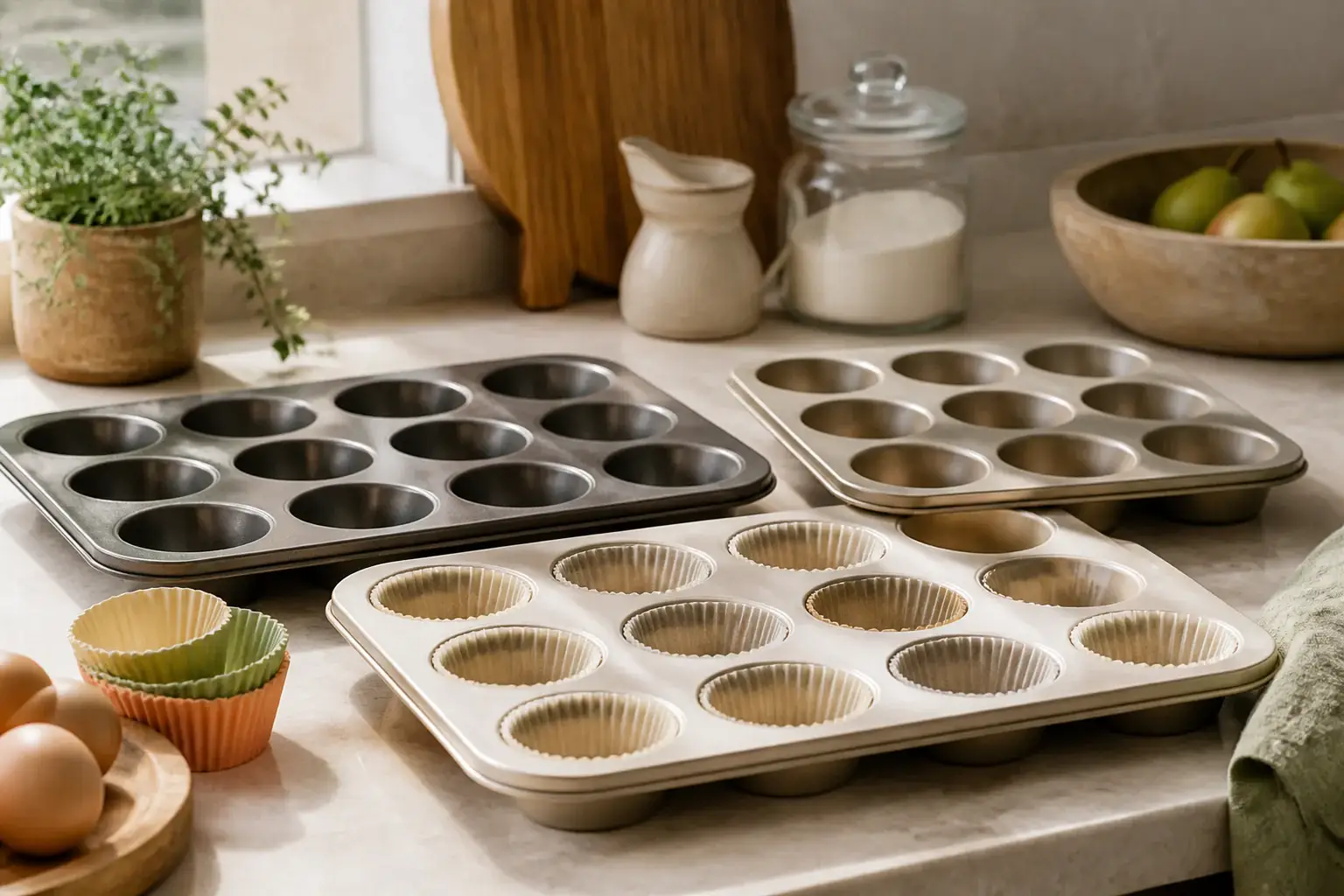 Qué molde para magdalenas comprar representada con utensilios genéricos en una cocina doméstica