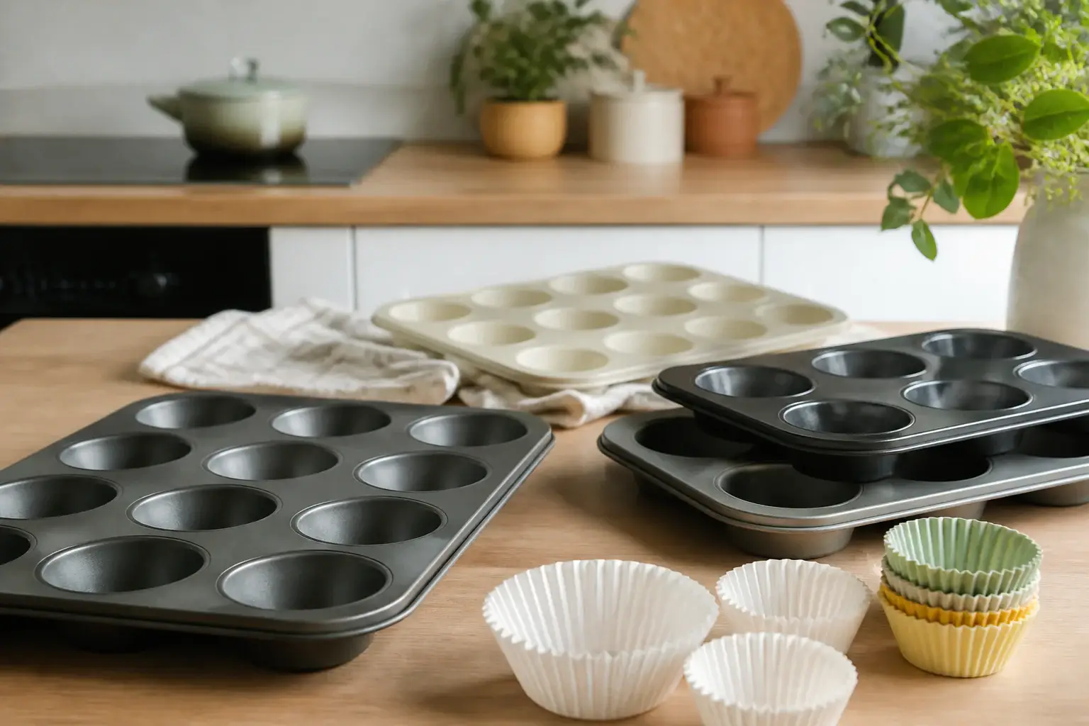 Qué molde para muffins comprar representada con utensilios genéricos en una cocina doméstica