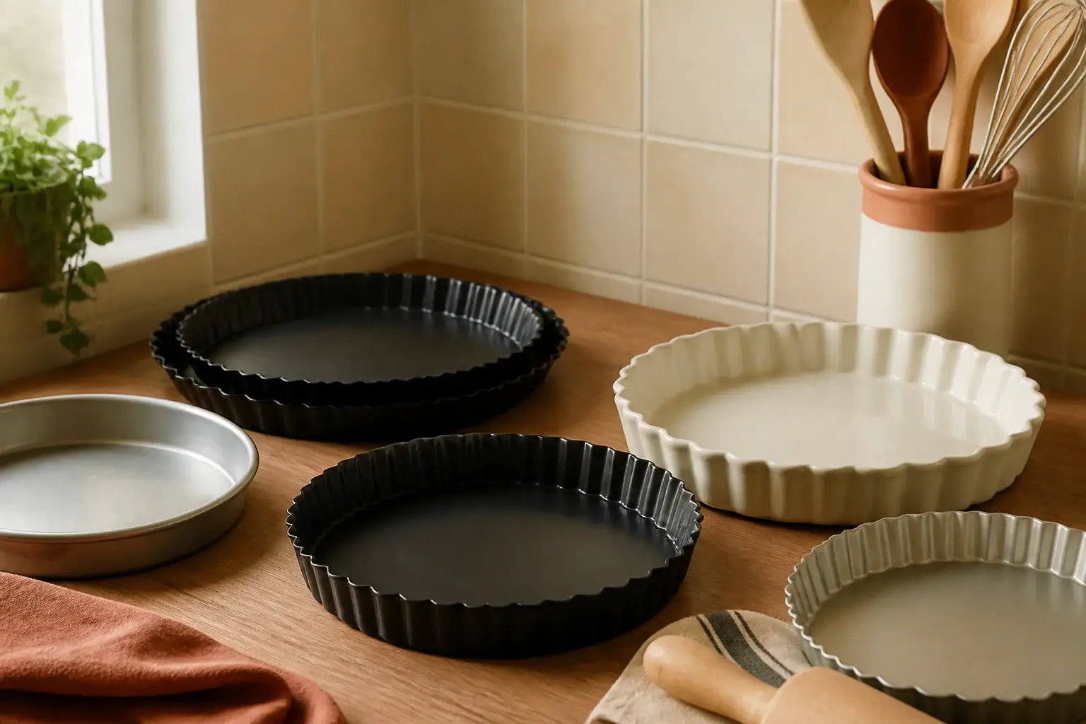 Qué molde para quiche comprar representada con utensilios genéricos en una cocina doméstica