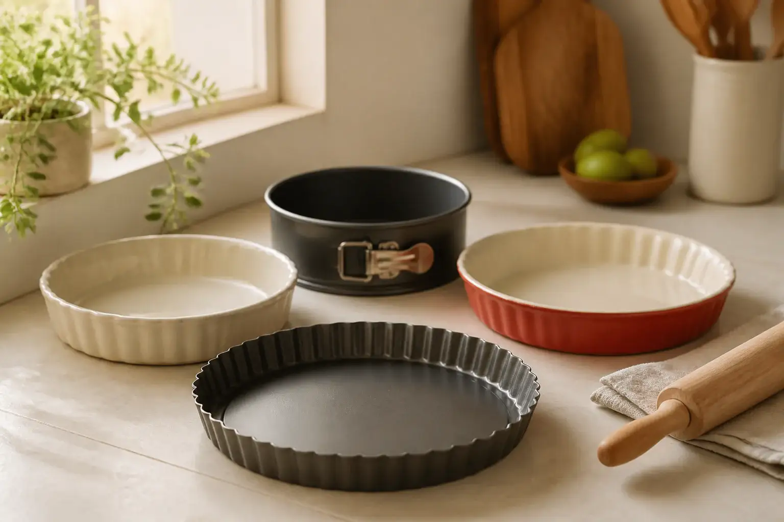 Qué molde para tarta comprar representada con utensilios genéricos en una cocina doméstica
