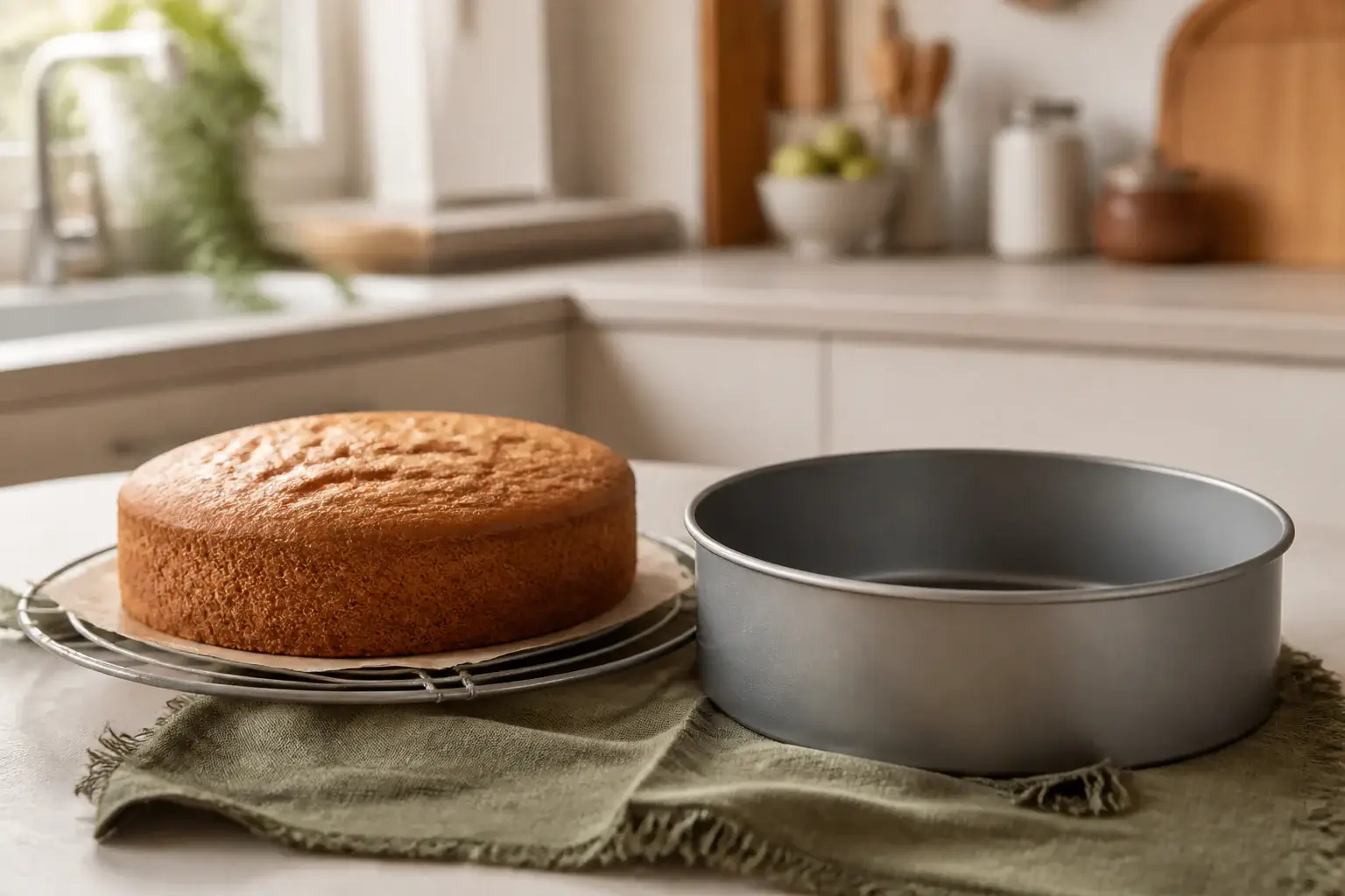 Molde de repostería genérico junto a un bizcocho casero recién desmoldado