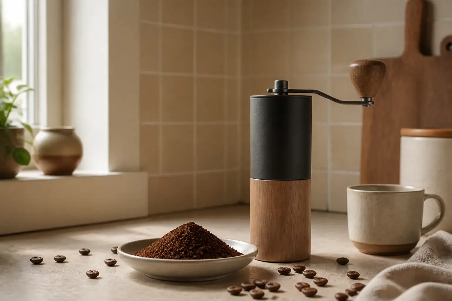 Molinillo manual de café genérico junto a granos recién molidos