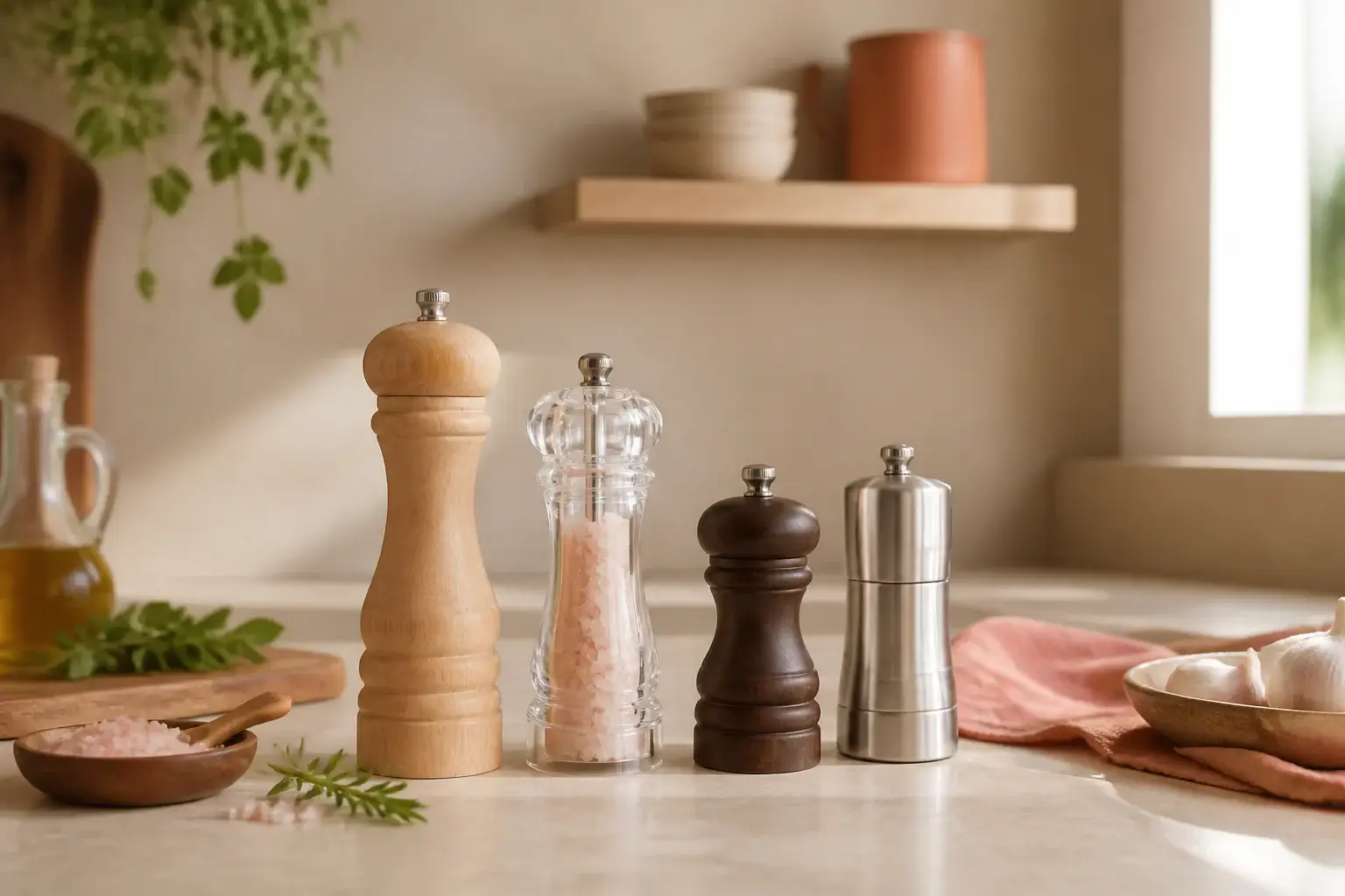 Qué molinillo de sal comprar representada con utensilios genéricos en una cocina doméstica