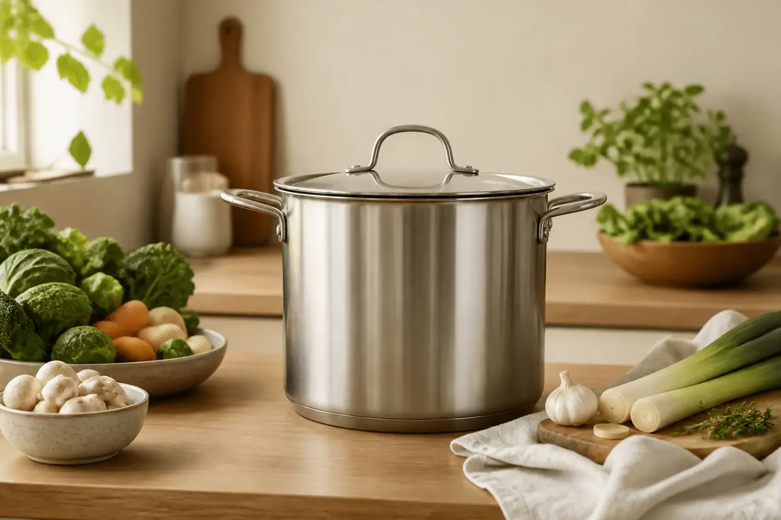 Olla genérica de uso diario con tapa y verduras preparadas alrededor