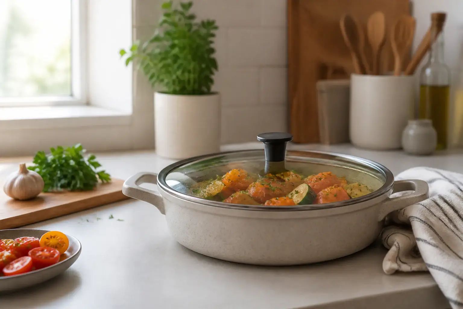 Olla genérica de uso diario con tapa y verduras preparadas alrededor