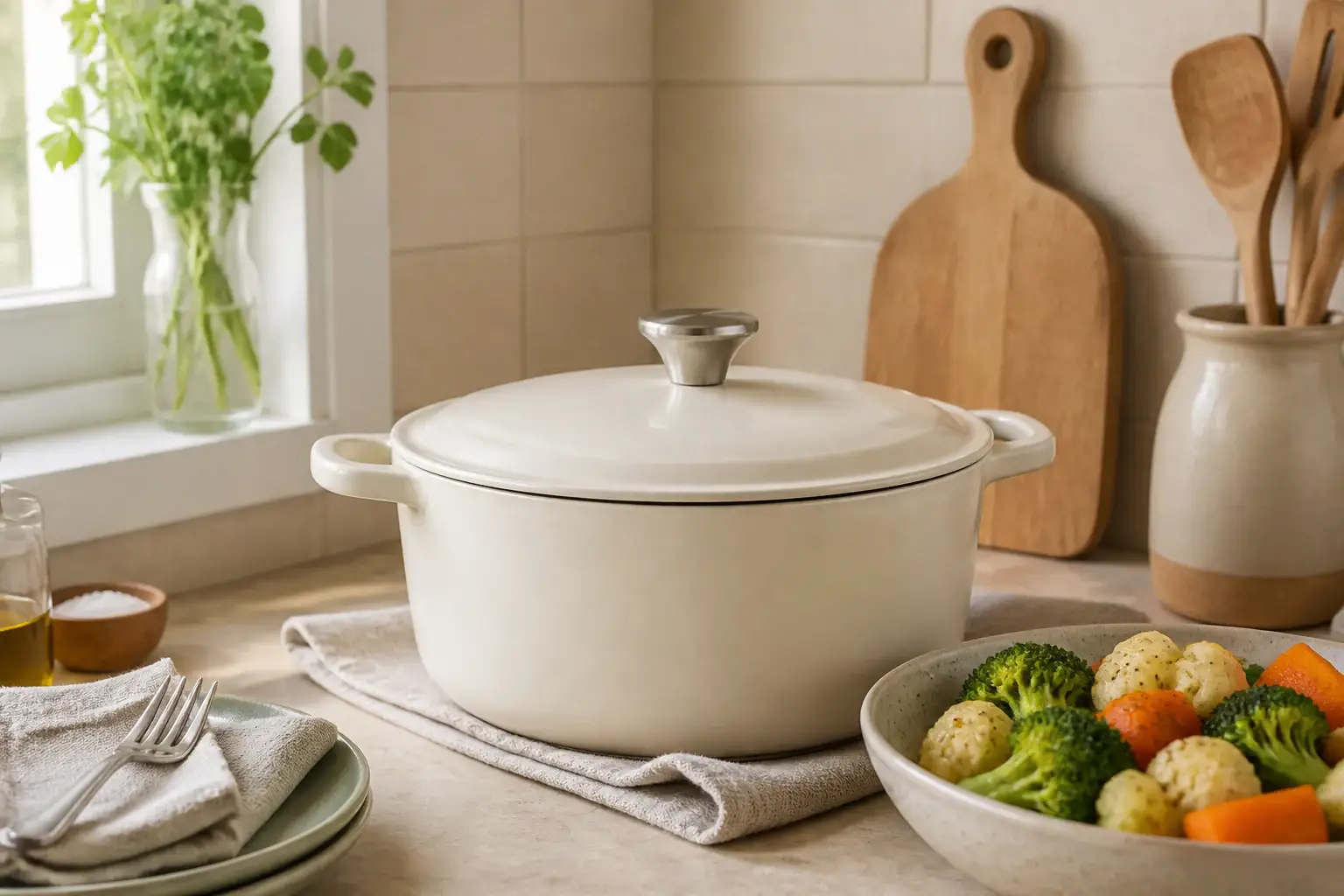 Olla genérica de uso diario con tapa y verduras preparadas alrededor