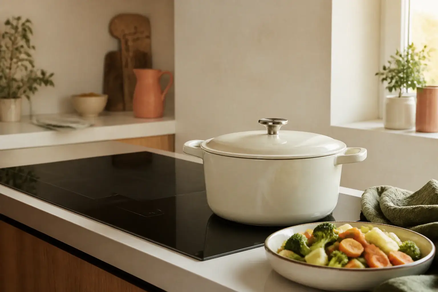 Olla genérica de uso diario con tapa y verduras preparadas alrededor