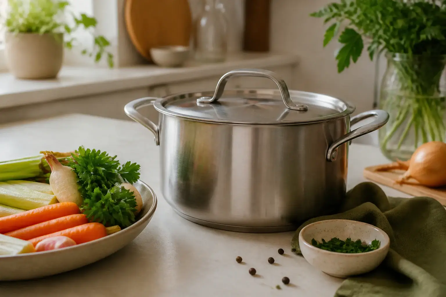 Olla genérica de uso diario con tapa y verduras preparadas alrededor