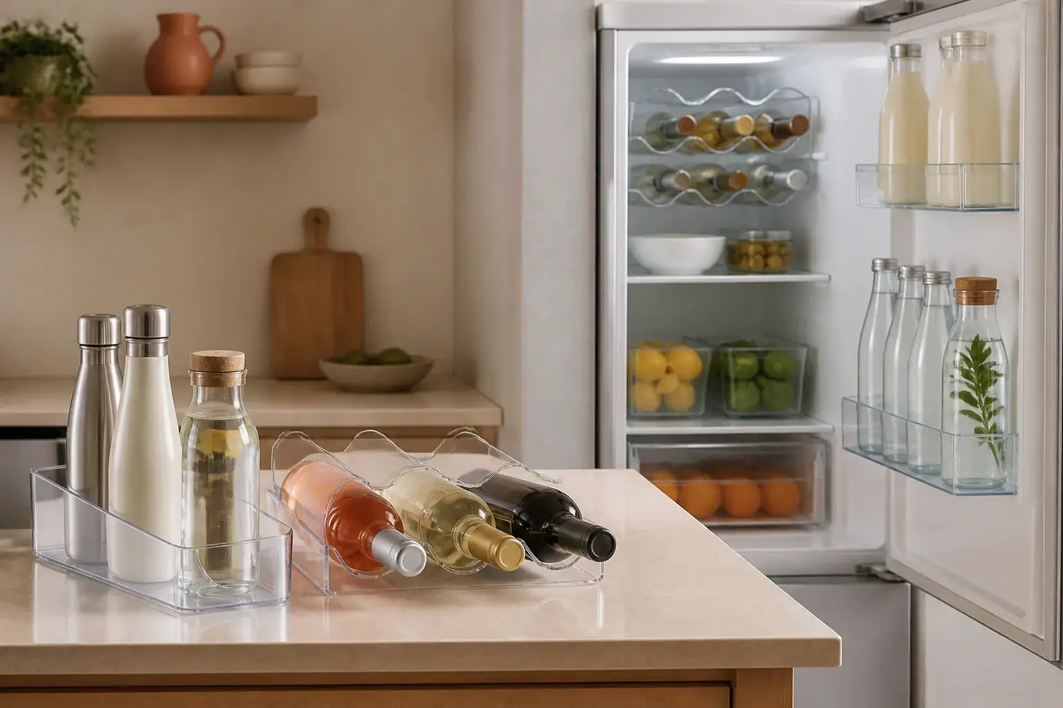 Qué organizador de botellas para nevera comprar representada con utensilios genéricos en una cocina doméstica