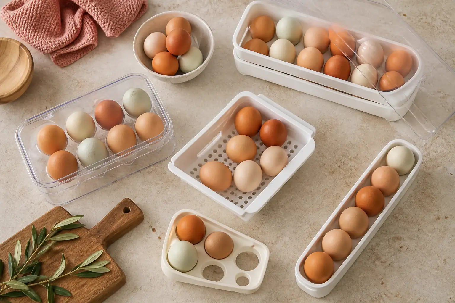 Qué organizador de huevos para nevera comprar representada con utensilios genéricos en una cocina doméstica