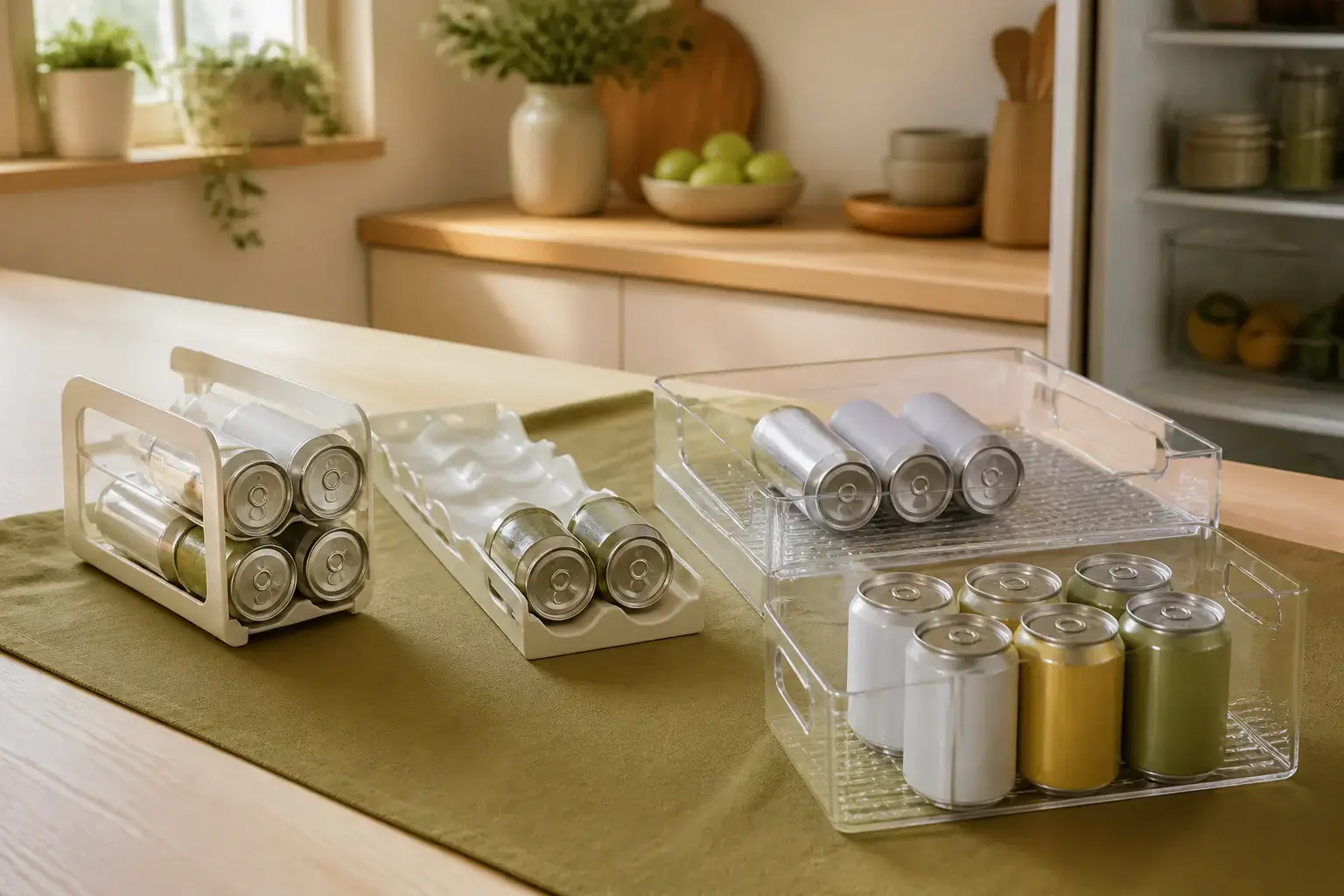 Qué organizador de latas para nevera comprar representada con utensilios genéricos en una cocina doméstica