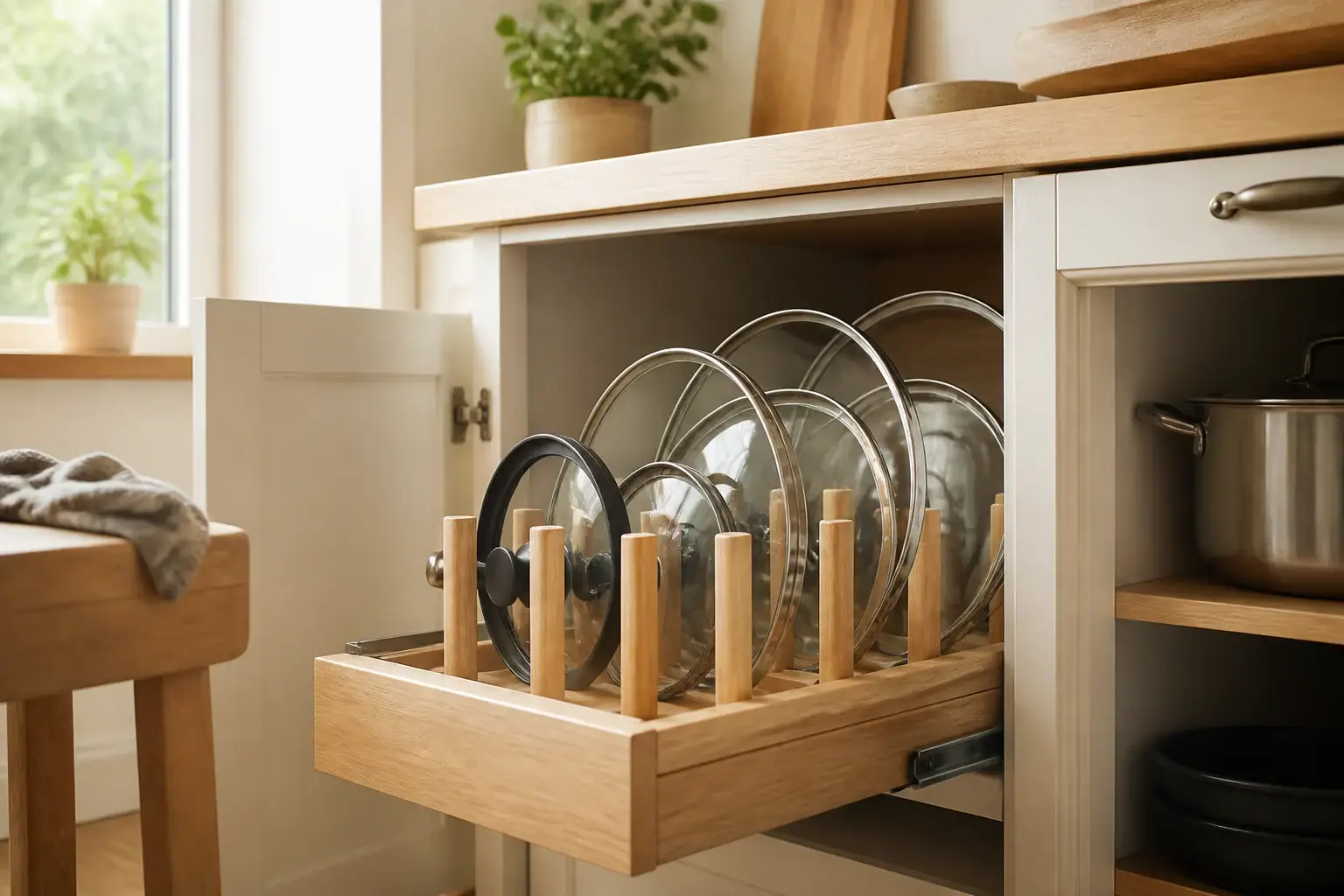 Qué organizador de tapas para armario comprar representada con utensilios genéricos en una cocina doméstica