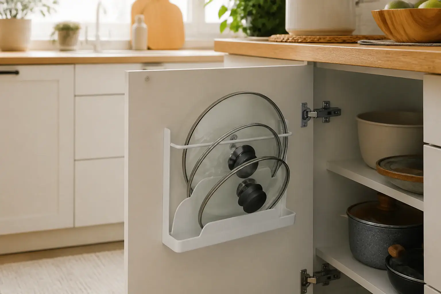 Qué organizador de tapas para puerta comprar representada con utensilios genéricos en una cocina doméstica
