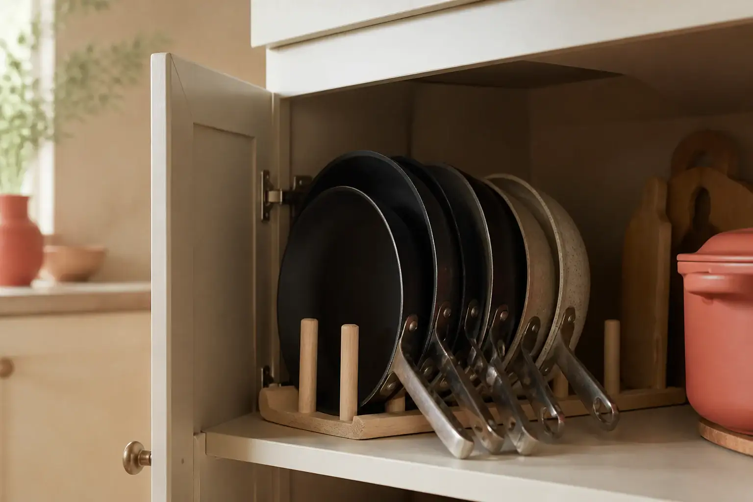 Sartenes genéricas ordenadas verticalmente en un armario de cocina