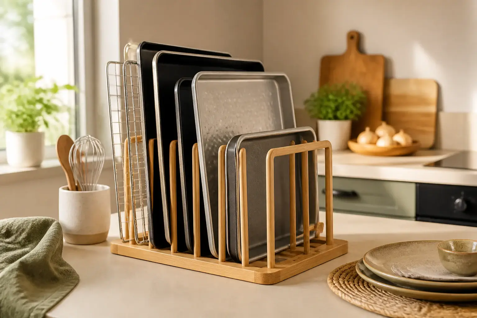 Qué organizador para bandejas de horno comprar representada con utensilios genéricos en una cocina doméstica