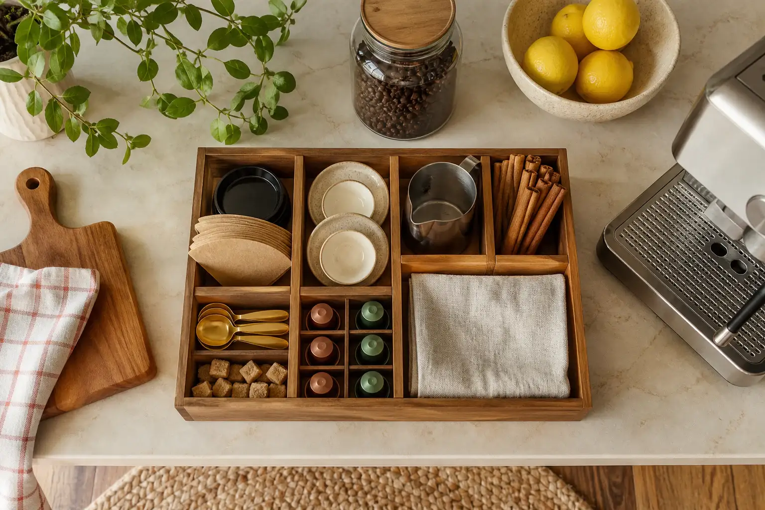 Qué organizador para estación de café comprar representada con utensilios genéricos en una cocina doméstica