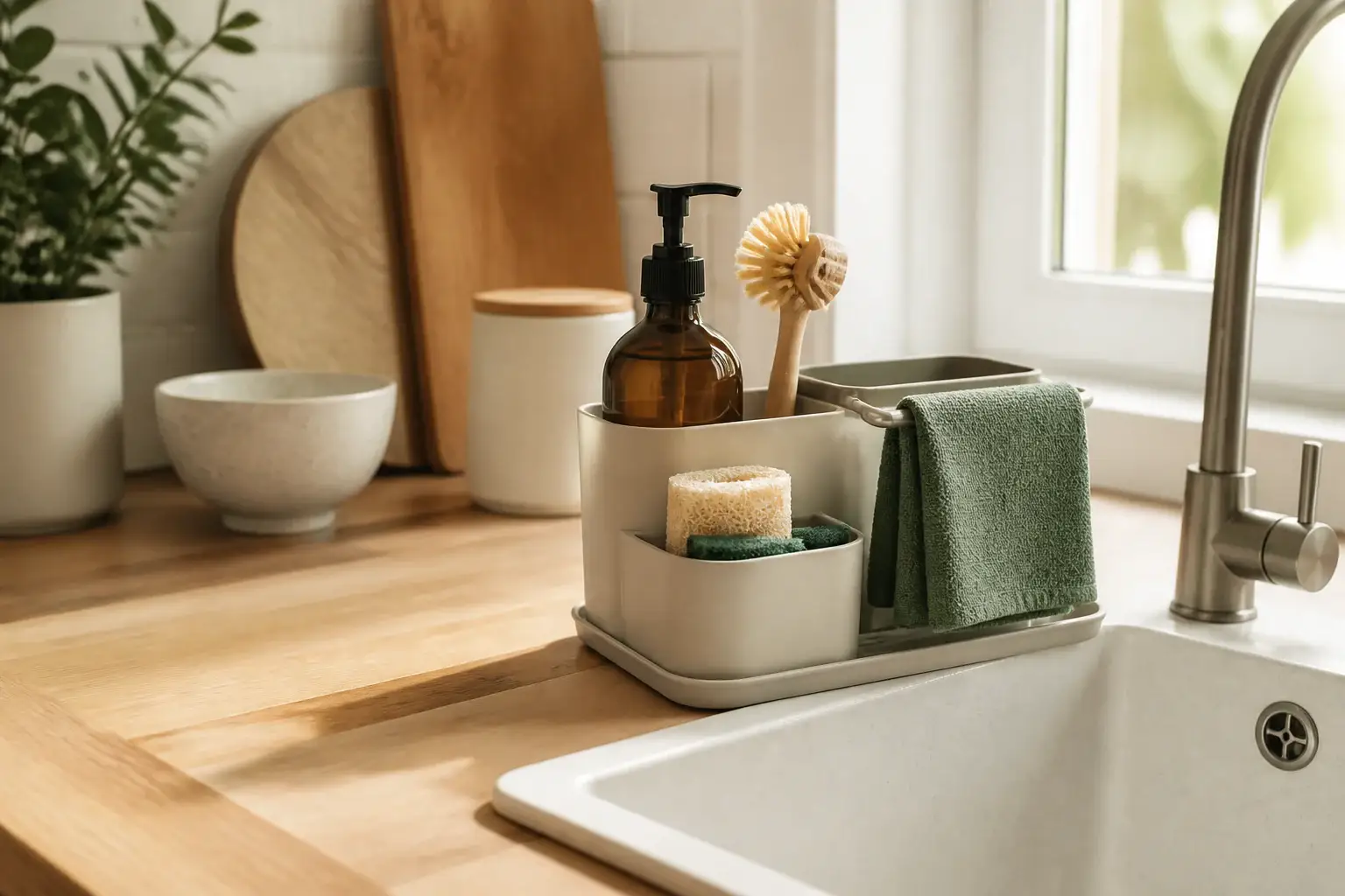 Qué organizador para fregadero comprar representada con utensilios genéricos en una cocina doméstica