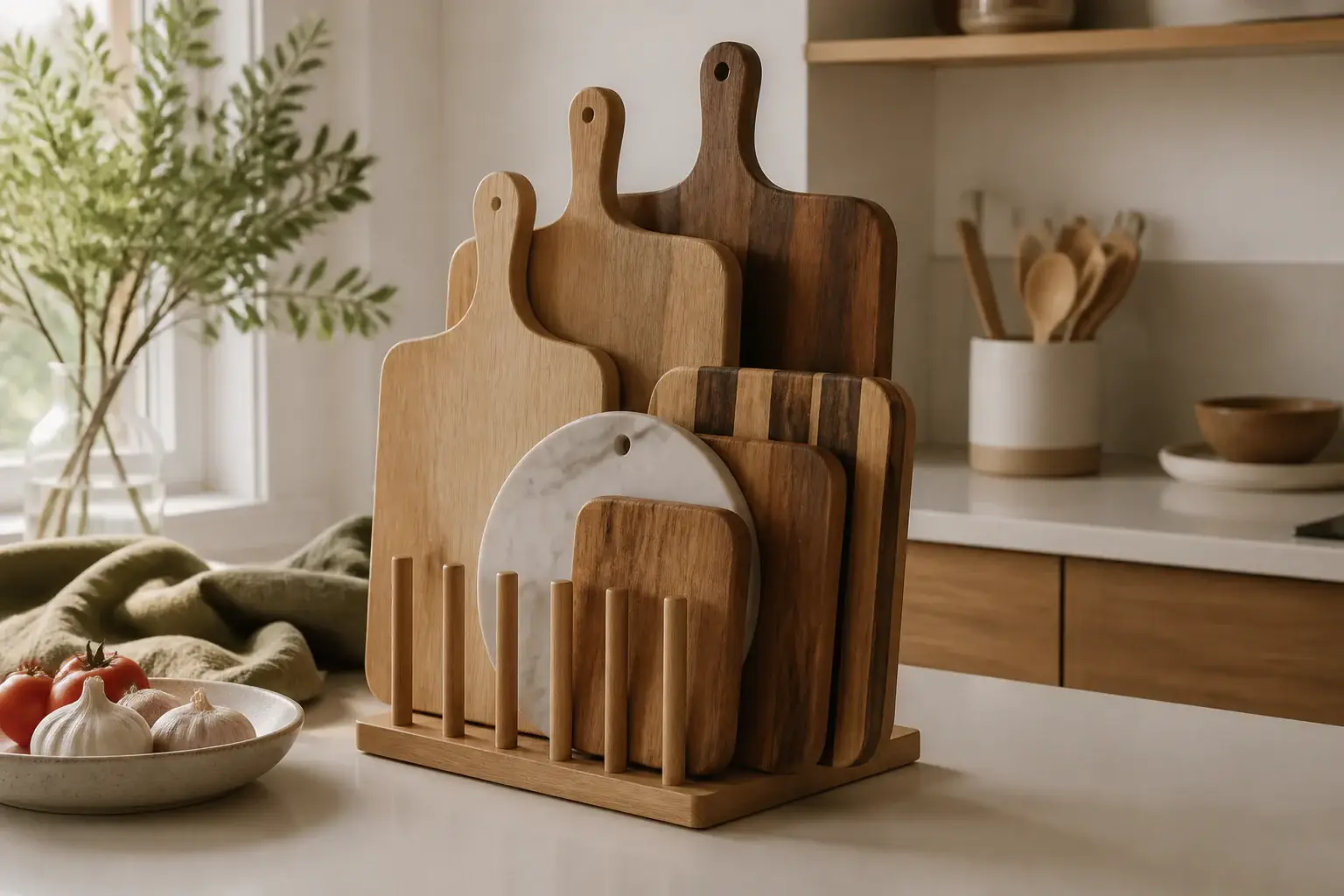 Varias tablas de cortar genéricas de tamaños distintos apoyadas en una cocina