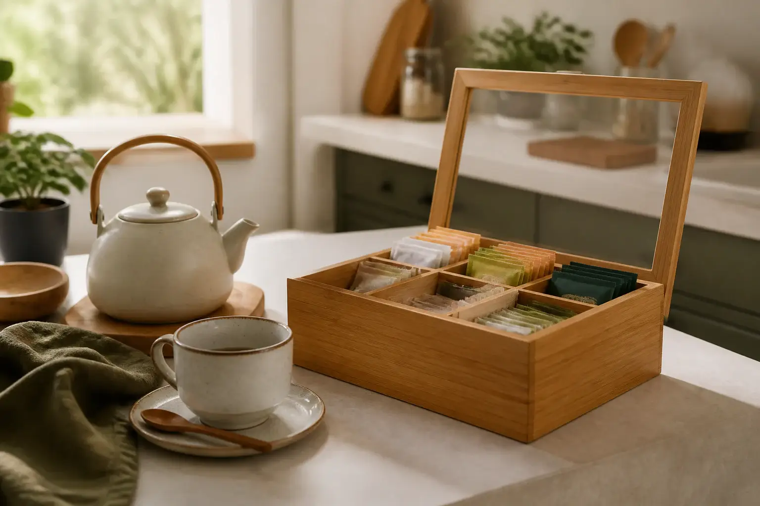 Qué organizador para té comprar representada con utensilios genéricos en una cocina doméstica