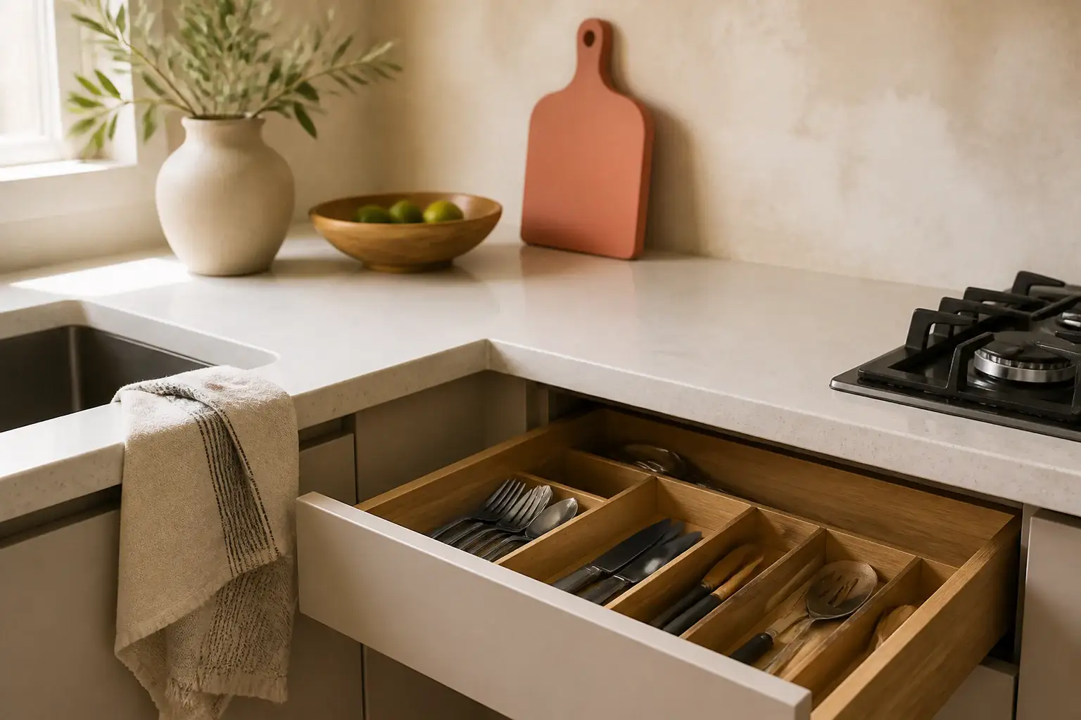 Cocina doméstica pequeña con utensilios organizados y superficies despejadas