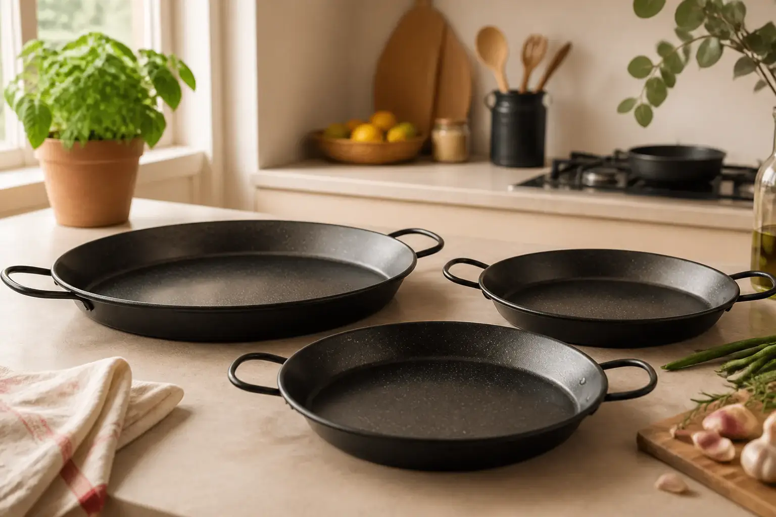 Qué paellera comprar para casa representada con utensilios genéricos en una cocina doméstica