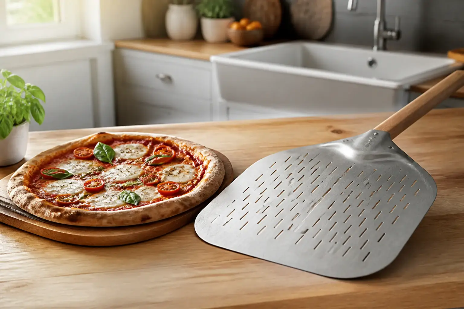 Pala de pizza genérica junto a una pizza casera preparada