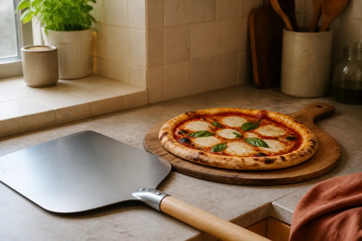 Pala de pizza genérica junto a una pizza casera preparada