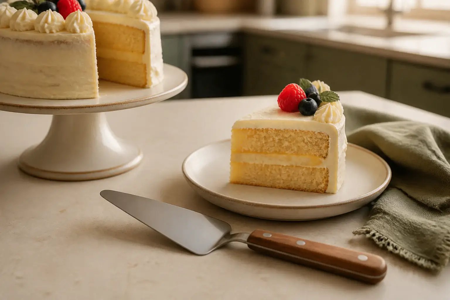 Pala de tarta genérica junto a una porción de pastel casero