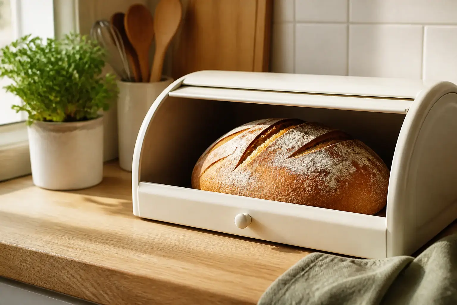 Panera genérica con una hogaza en una cocina doméstica cálida