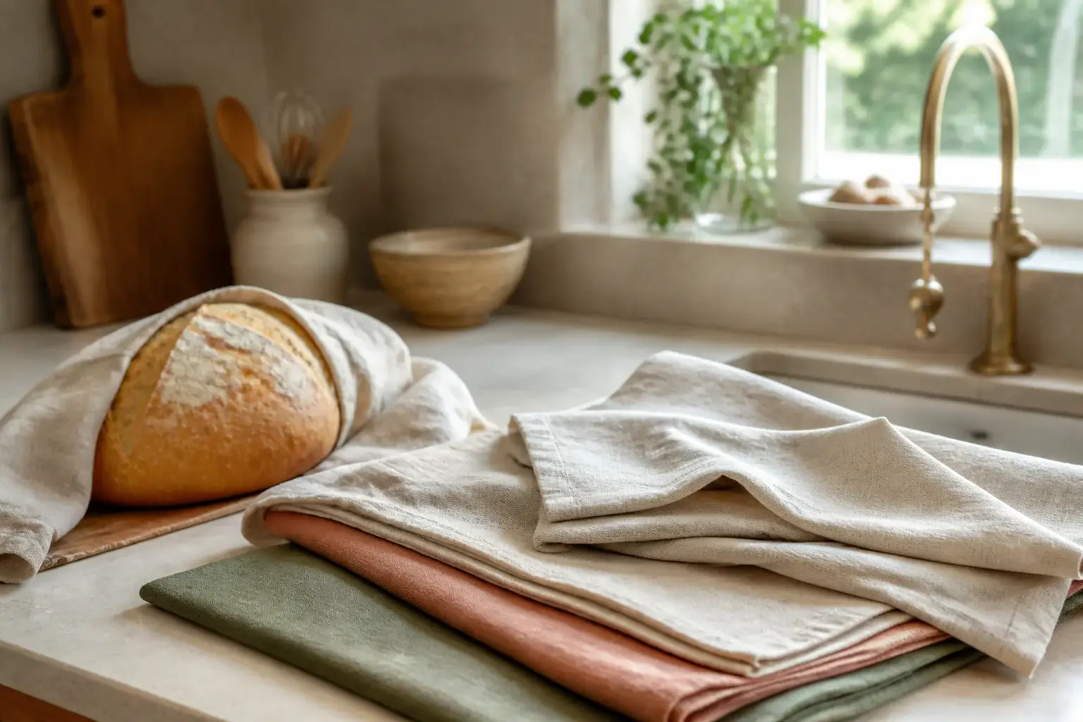 Qué paño de lino para pan comprar representada con utensilios genéricos en una cocina doméstica
