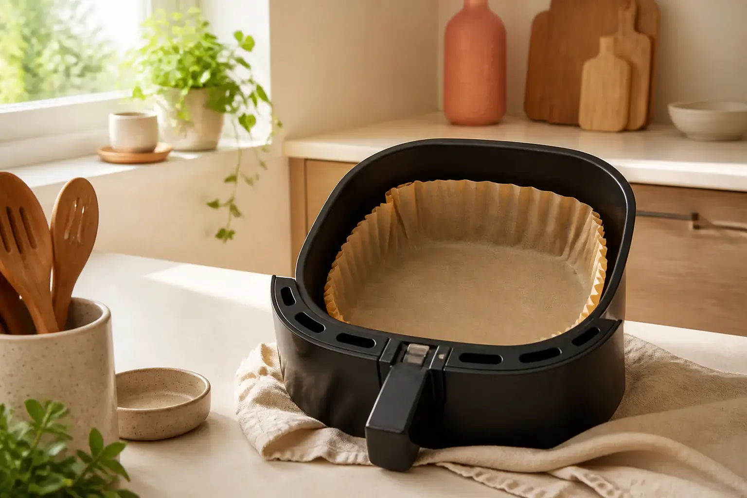 Papel de cocina genérico cortado para una cesta de freidora de aire vacía