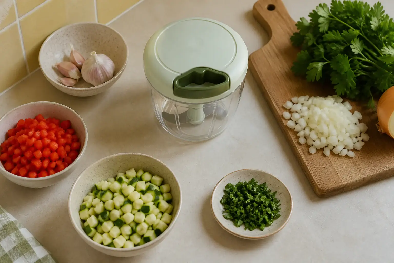 Picadora manual genérica junto a verduras cortadas y hierbas