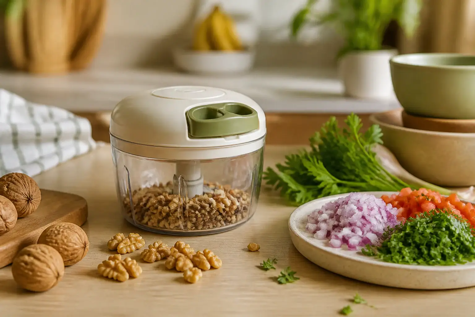 Picadora manual genérica junto a verduras cortadas y hierbas