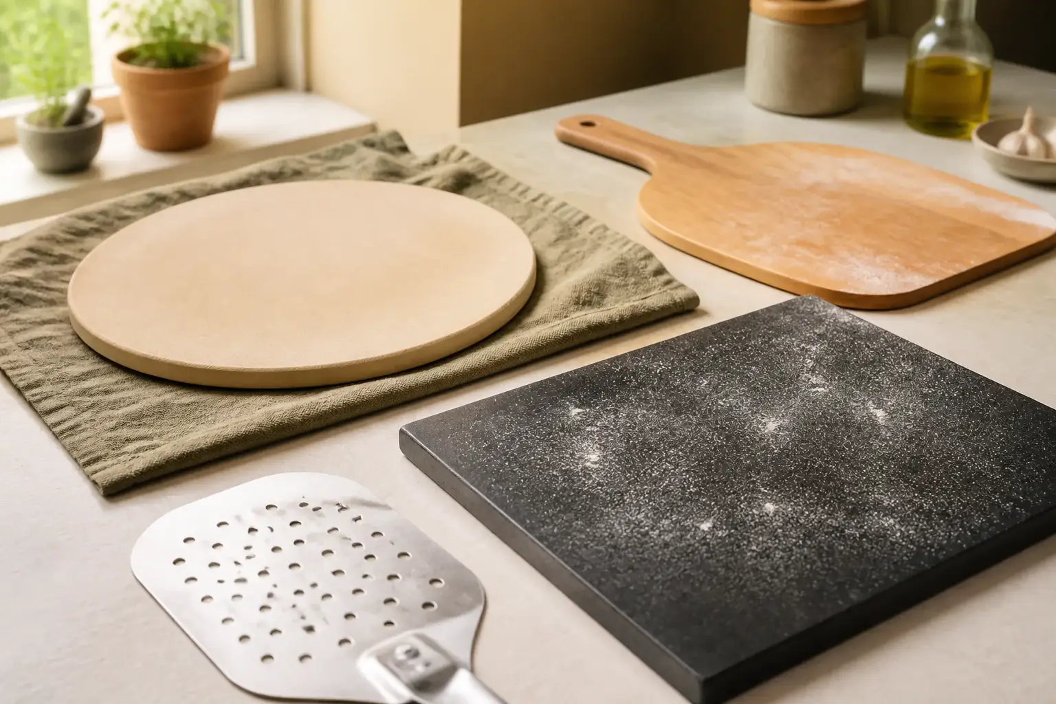Qué piedra para pizza comprar representada con utensilios genéricos en una cocina doméstica