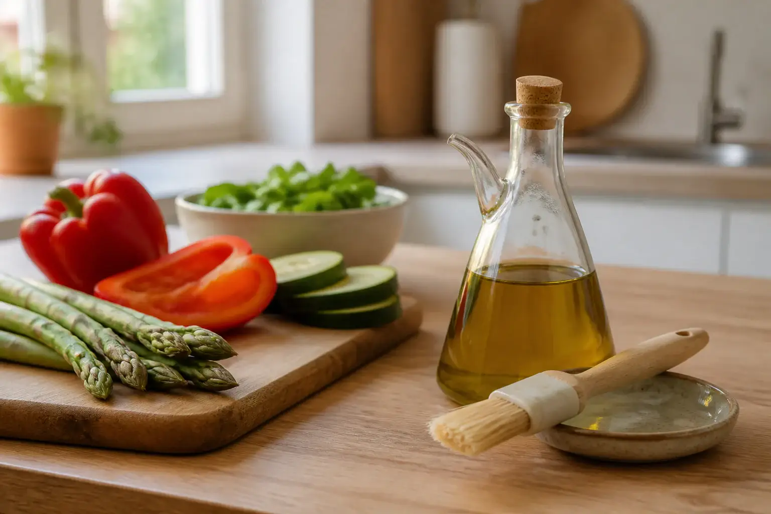 Aceitera y pequeño pincel de cocina genéricos junto a verduras