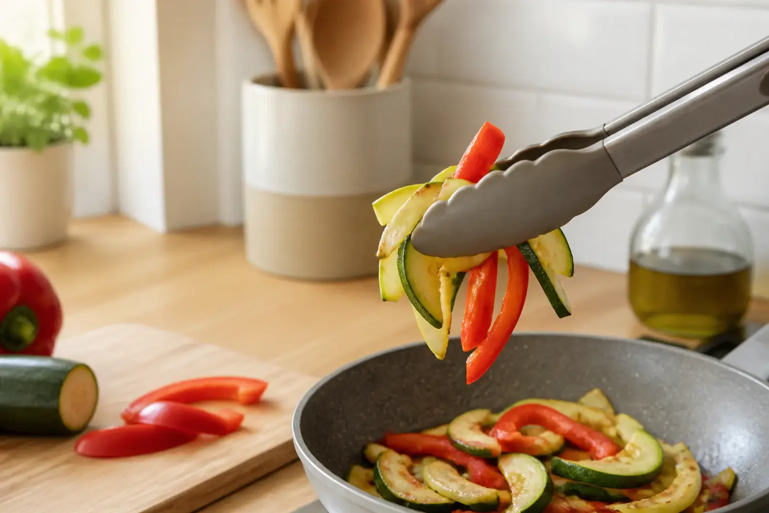 Pinzas de cocina genéricas sujetando verduras sobre una sartén