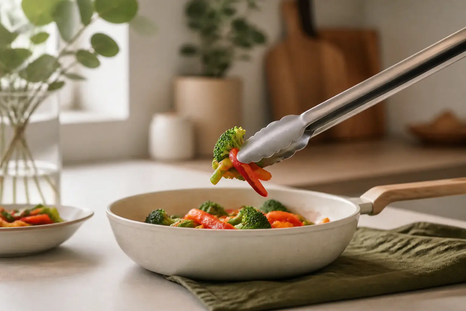 Pinzas de cocina genéricas sujetando verduras sobre una sartén