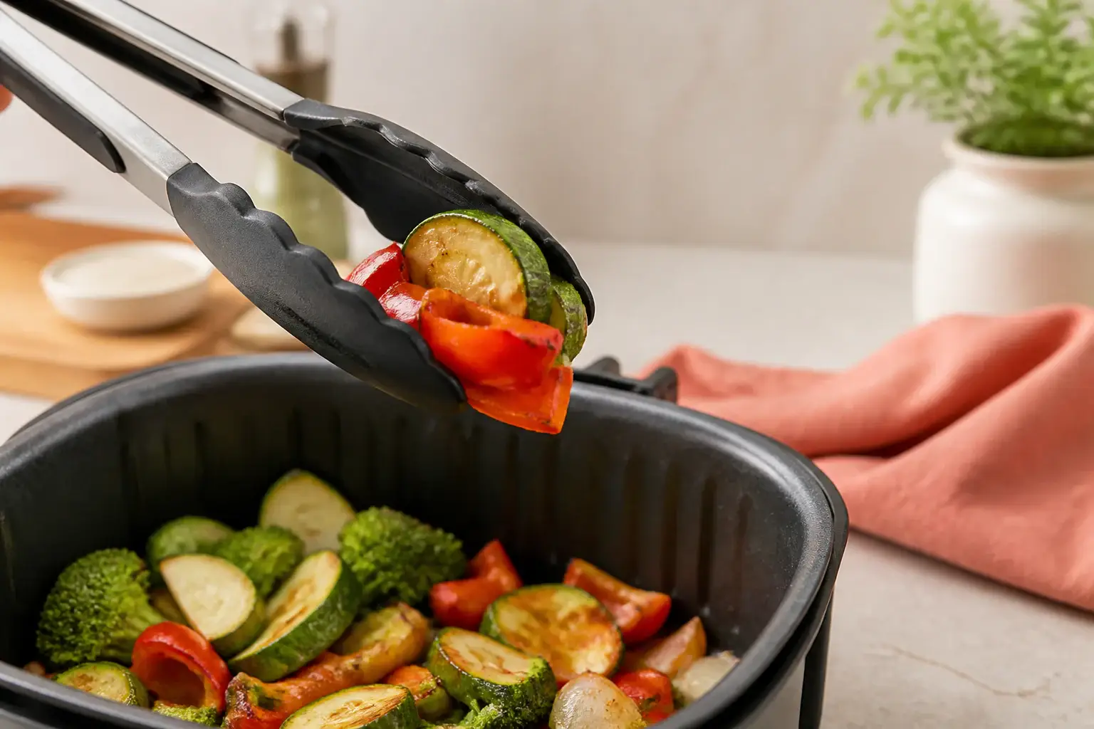 Pinzas de cocina genéricas sujetando verduras sobre una sartén
