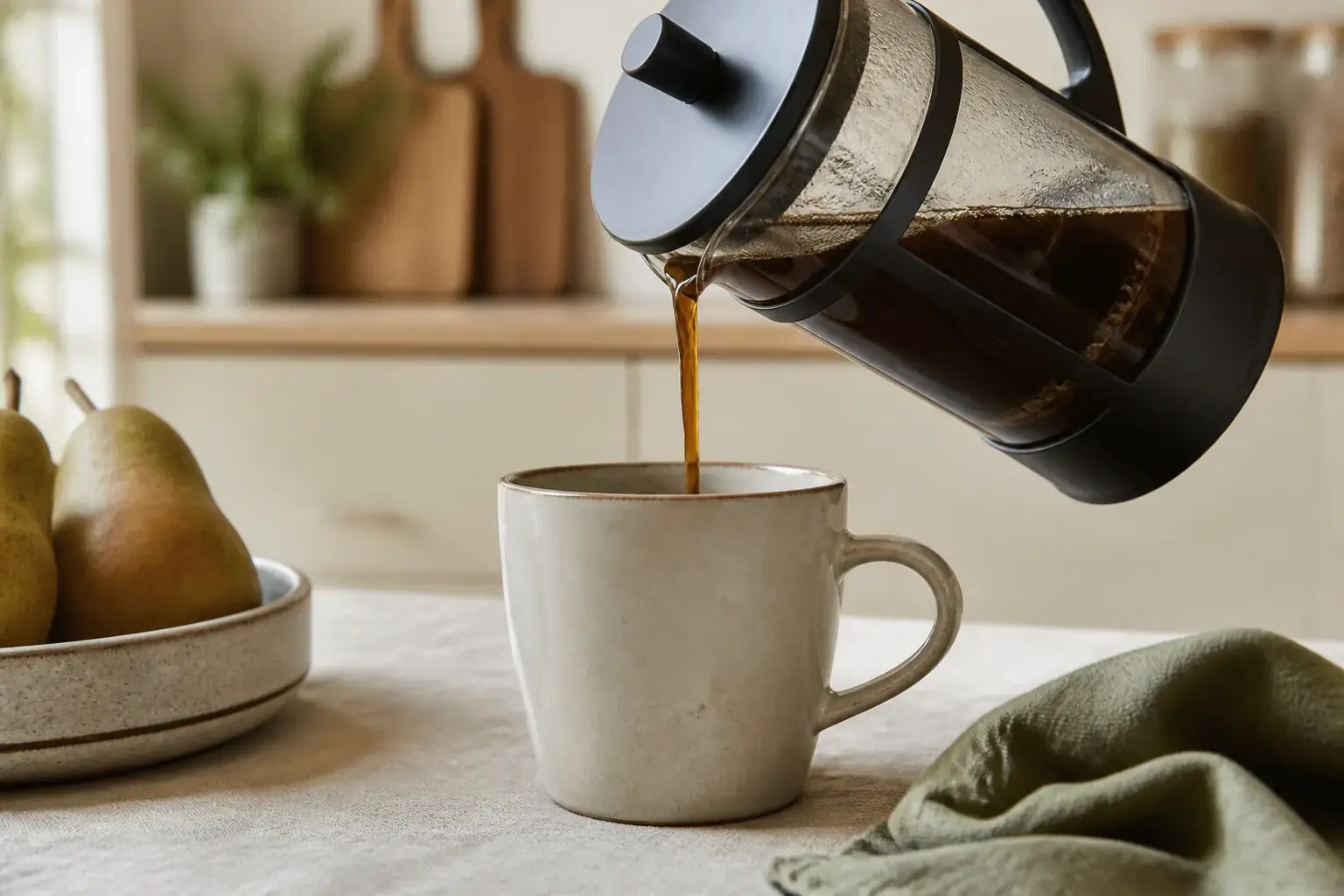 Prensa francesa genérica con café servido en una taza de cerámica