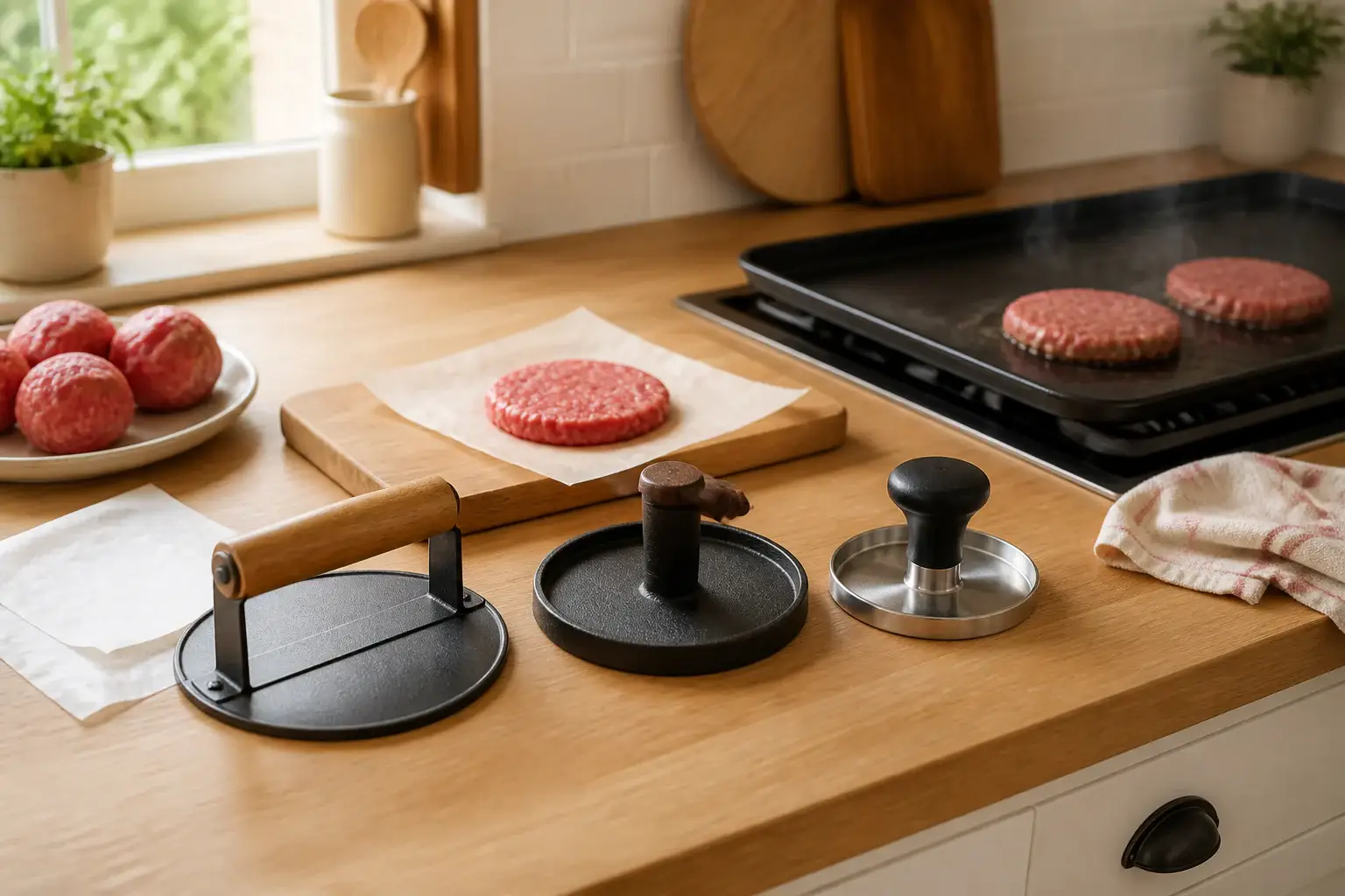 Qué prensa para smash burger comprar representada con utensilios genéricos en una cocina doméstica